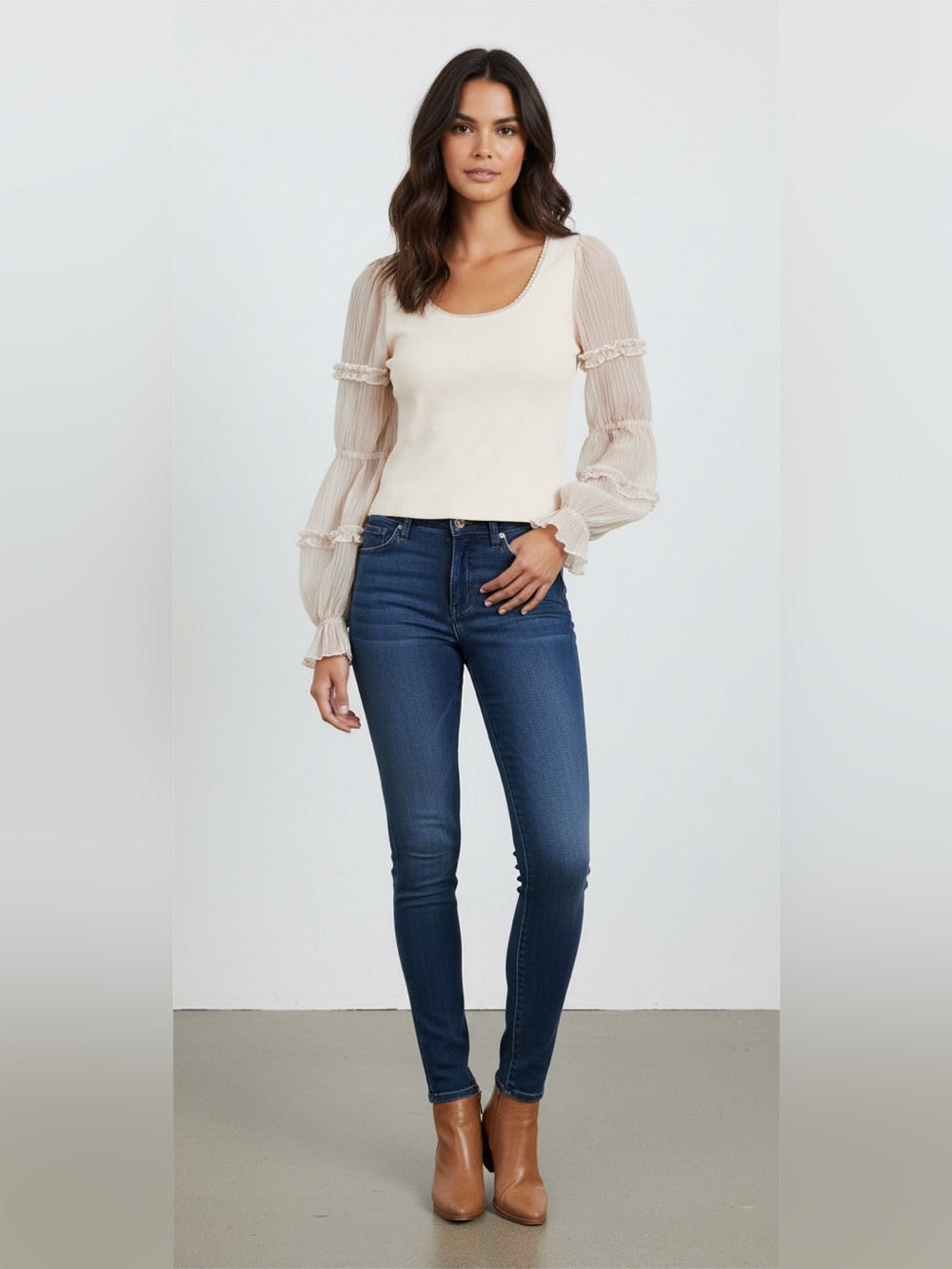 Anthropologie Cream Knit Crop Top with Sheer Ruffle Puff Sleeves NWOT